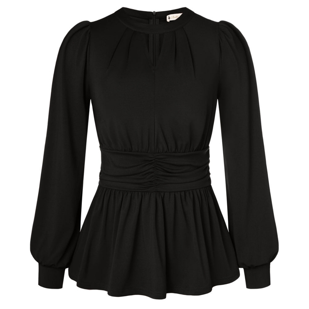 NWT - Belle Poque Retro Defined Waist w Lantern Sleeves Crew Neck Black Top - L